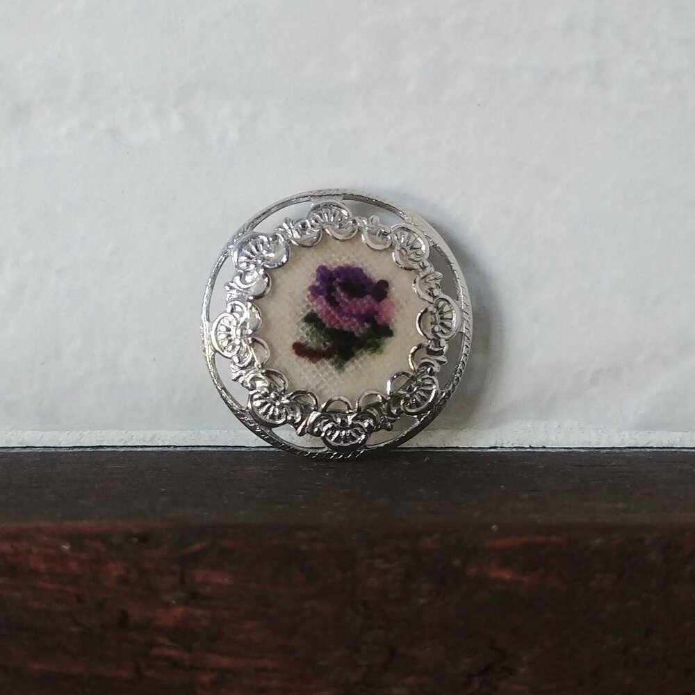 Petit Point intricate silver brooch pin with purple flower rose